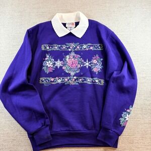 Vintage Morning Sun Purple Floral Sweatshirt Lace Collar Made in USA Adult S EUC